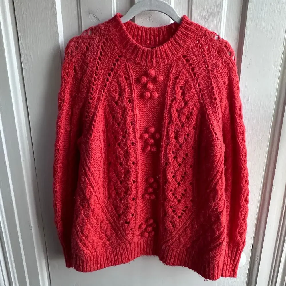 J.Crew Textured Alpaca Blend Pom Pom Cable Knit Sweater – Size Small